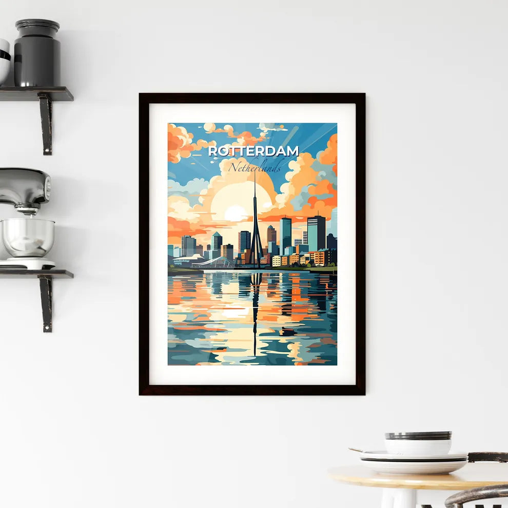 Rotterdam, Netherlands, A Poster of a city skyline with a body of water and a sunset Default Title