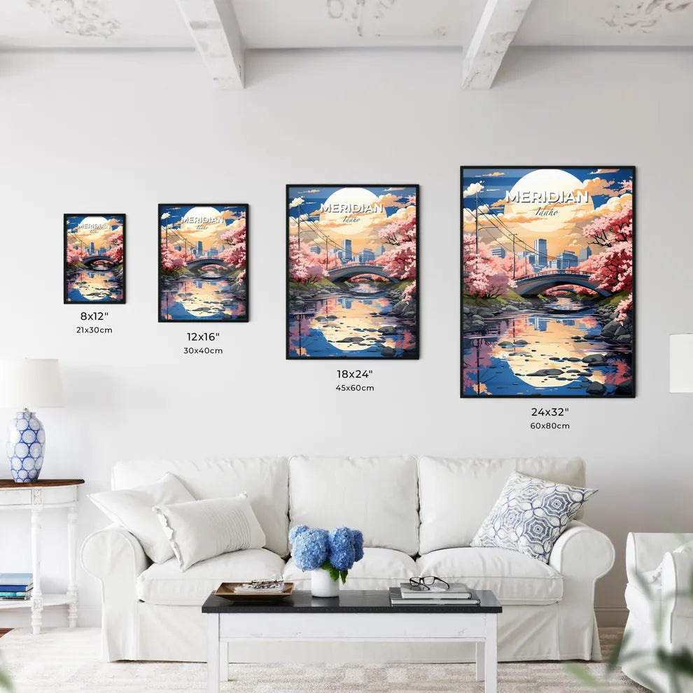 Meridian, Idaho, A Poster of a bridge over a river with pink flowers Default Title