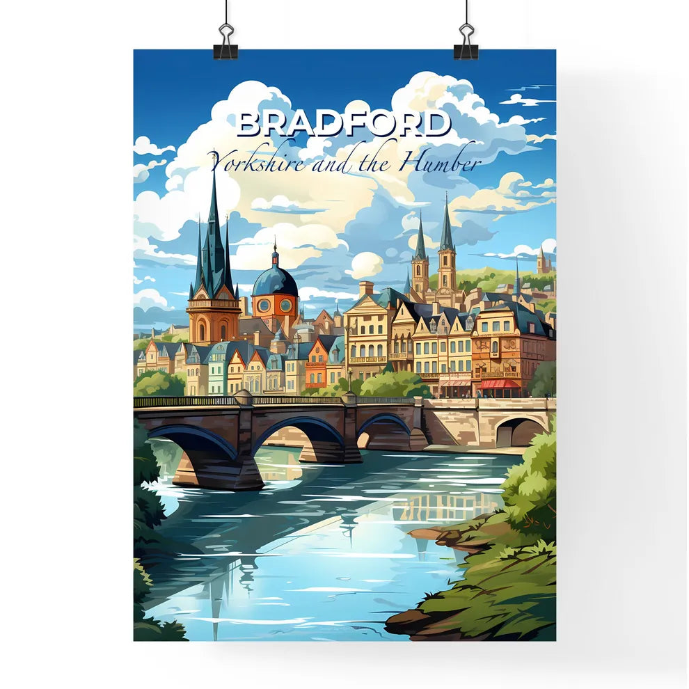 Bradford, Yorkshire and the Humber, A Poster of a bridge over a river with buildings and trees Default Title