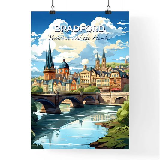 Bradford, Yorkshire and the Humber, A Poster of a bridge over a river with buildings and trees Default Title
