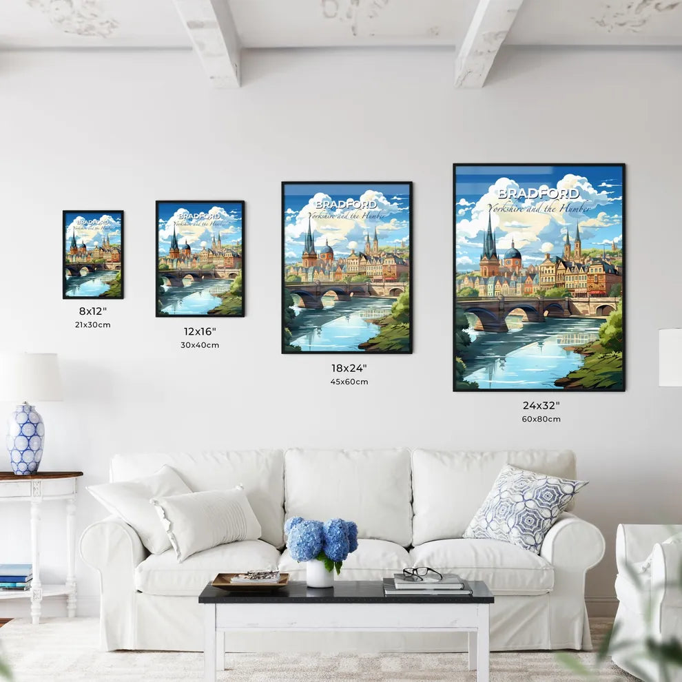 Bradford, Yorkshire and the Humber, A Poster of a bridge over a river with buildings and trees Default Title