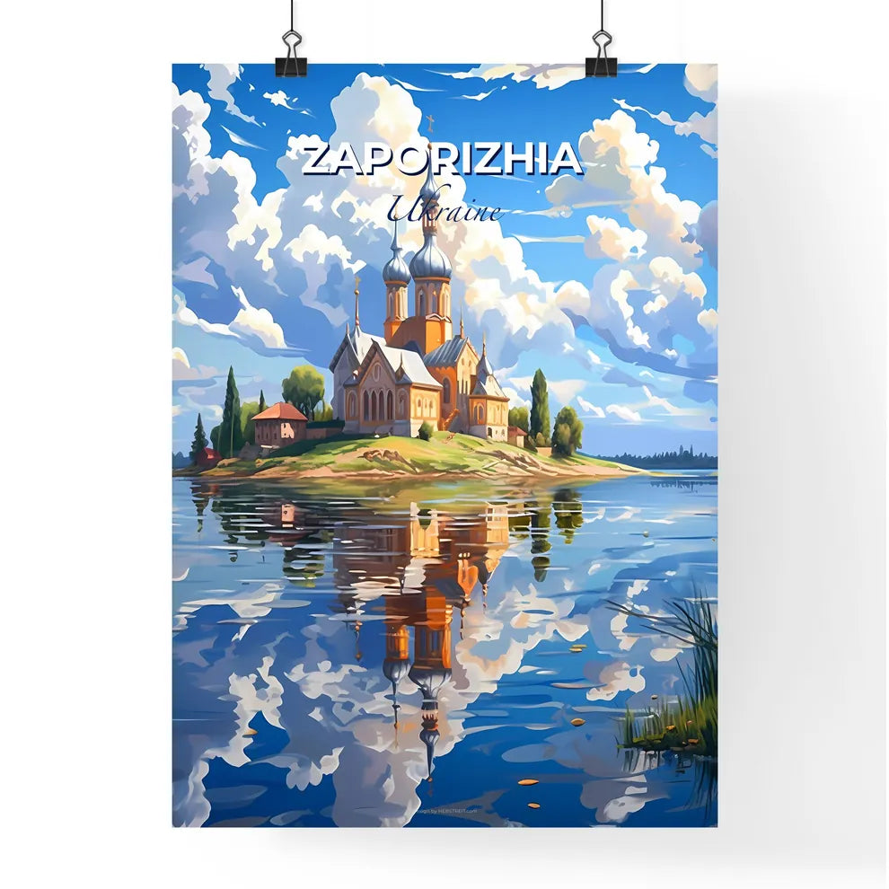 Zaporizhia, Ukraine, A Poster of a building on an island with a body of water Default Title