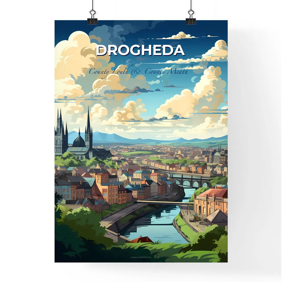 Drogheda, County Louth & County Meath, A Poster of a city with a river and a bridge Default Title