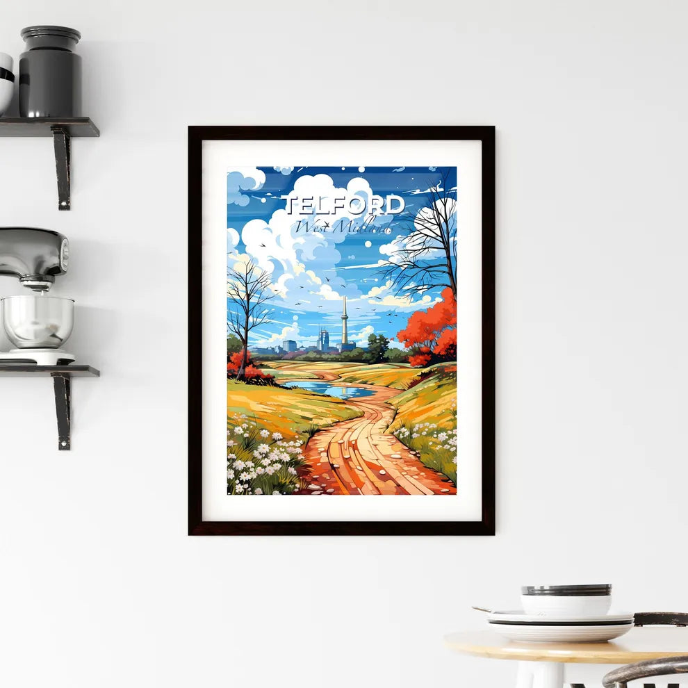 Telford, West Midlands, A Poster of a landscape with a river and trees and a tall tower Default Title