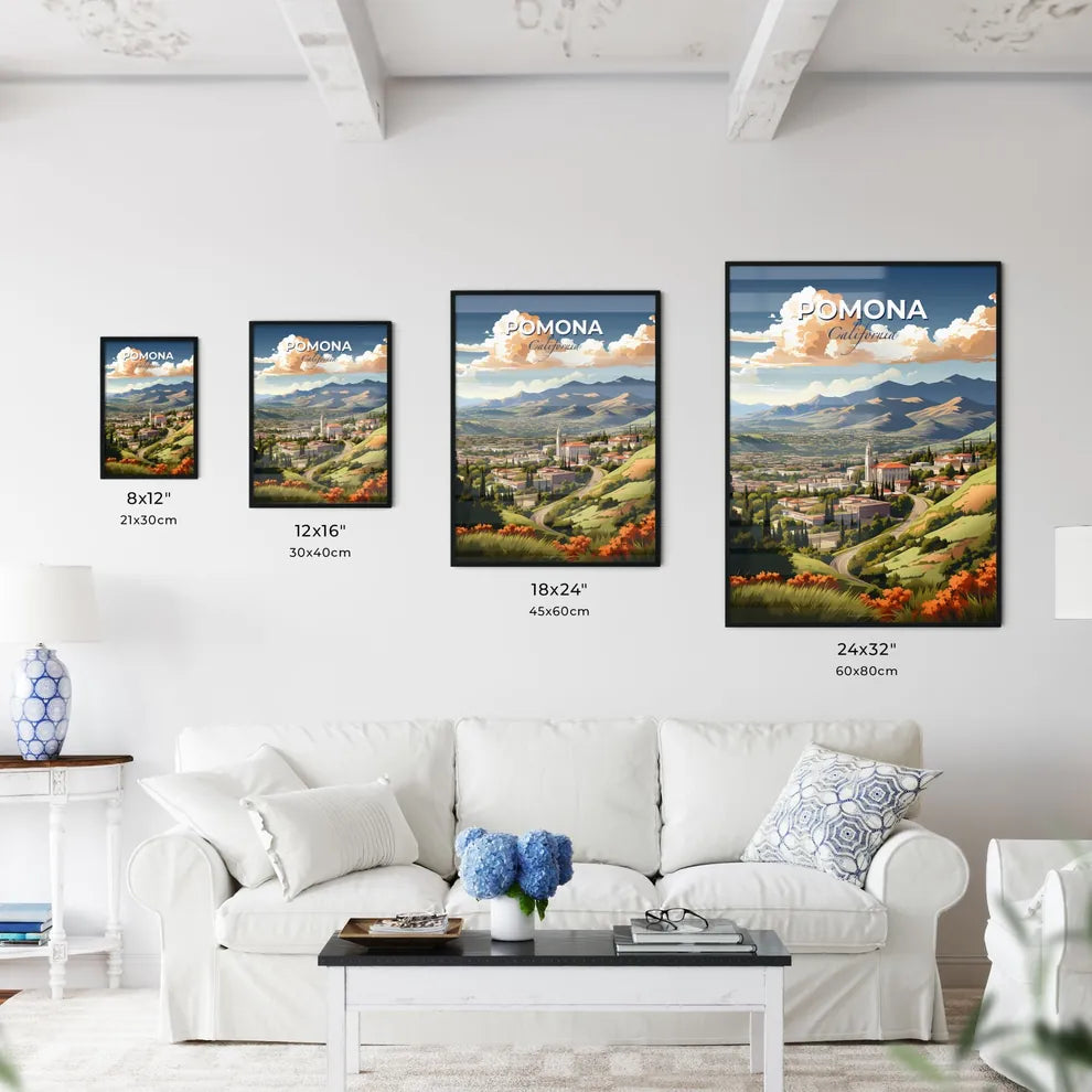 Pomona, California, A Poster of a landscape of a town with trees and mountains Default Title