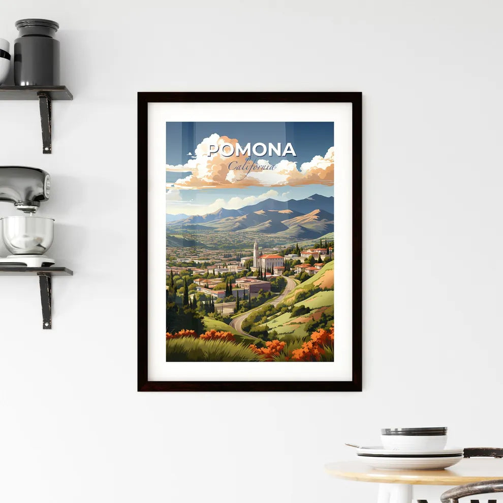 Pomona, California, A Poster of a landscape of a town with trees and mountains Default Title