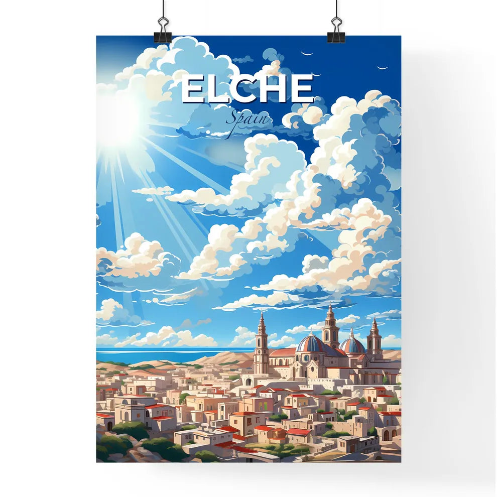 Elche, Spain, A Poster of a city with a building and a blue sky with clouds Default Title