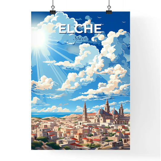 Elche, Spain, A Poster of a city with a building and a blue sky with clouds Default Title