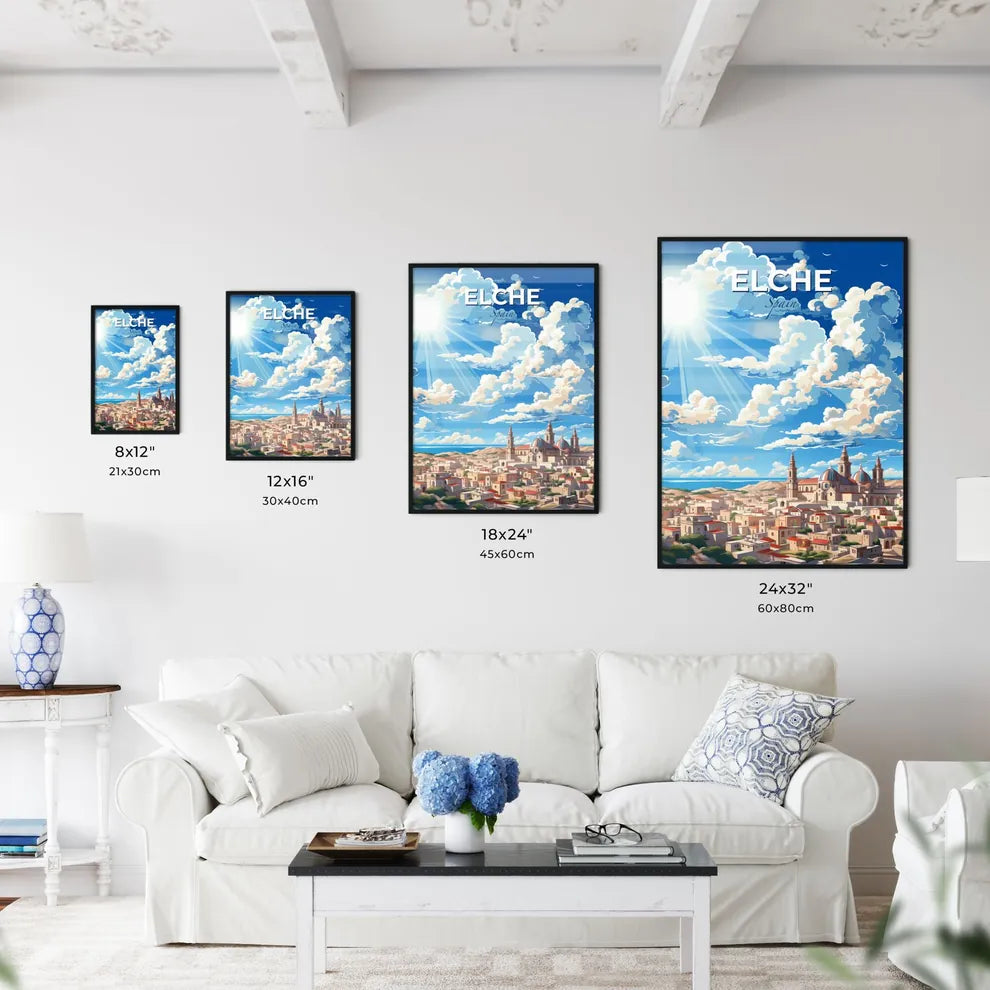 Elche, Spain, A Poster of a city with a building and a blue sky with clouds Default Title