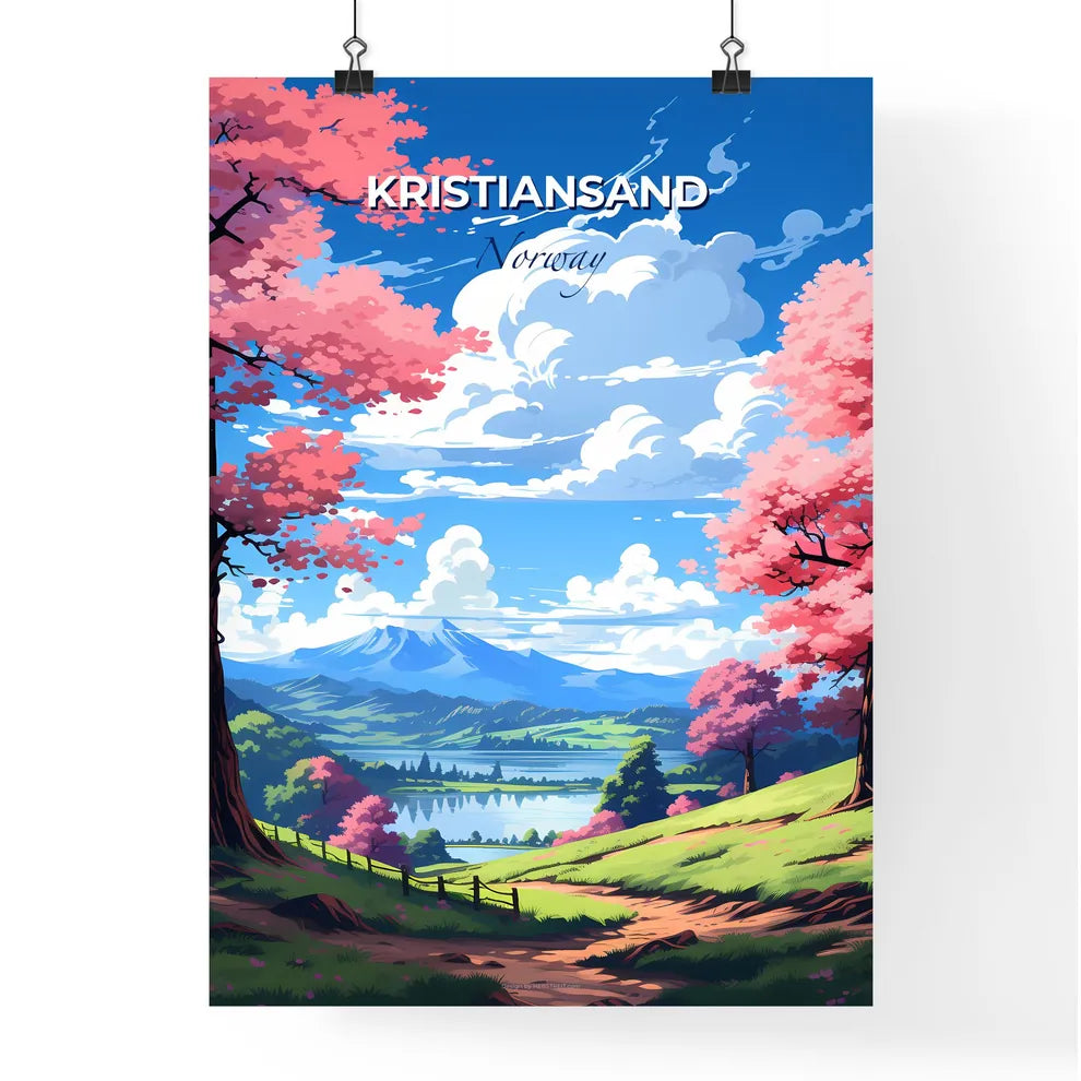 Kristiansand, Norway, A Poster of a landscape with pink trees and a lake Default Title