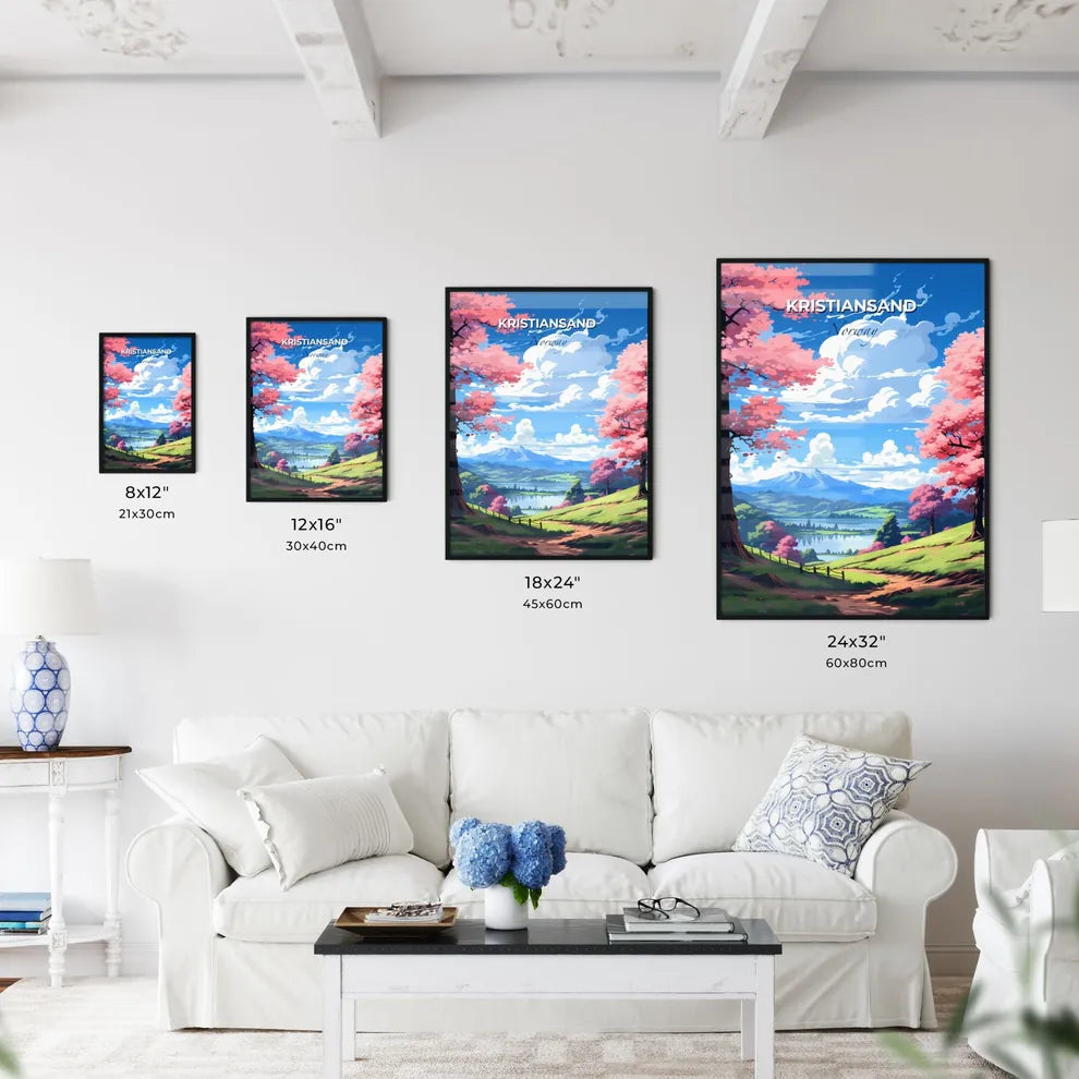 Kristiansand, Norway, A Poster of a landscape with pink trees and a lake Default Title