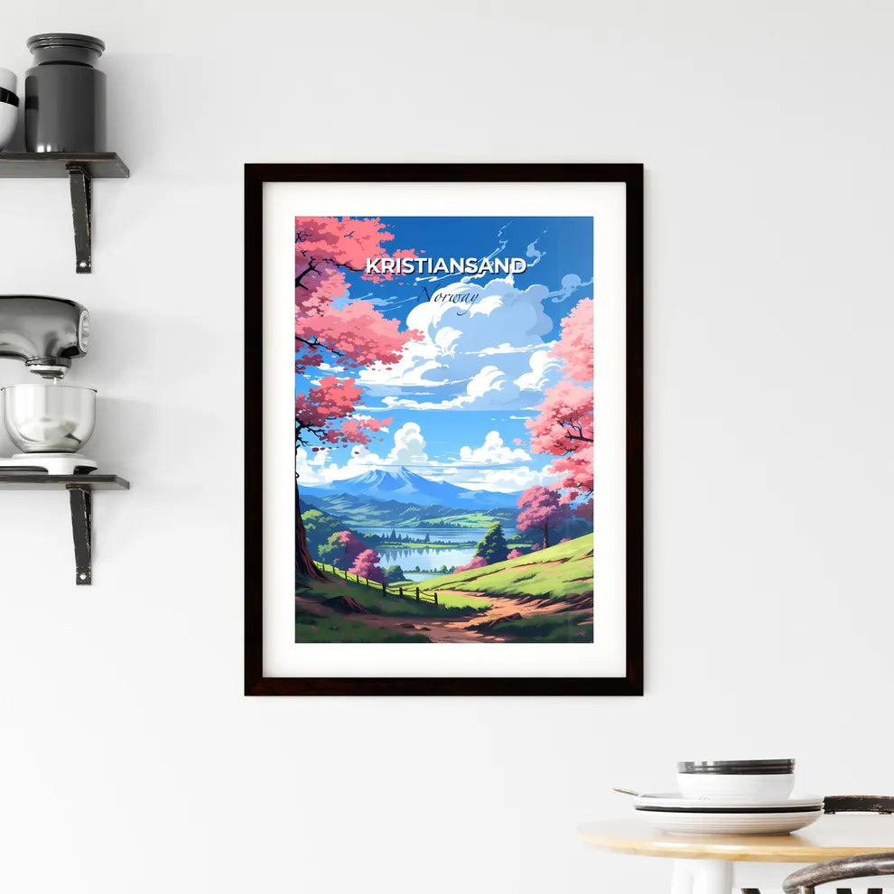Kristiansand, Norway, A Poster of a landscape with pink trees and a lake Default Title