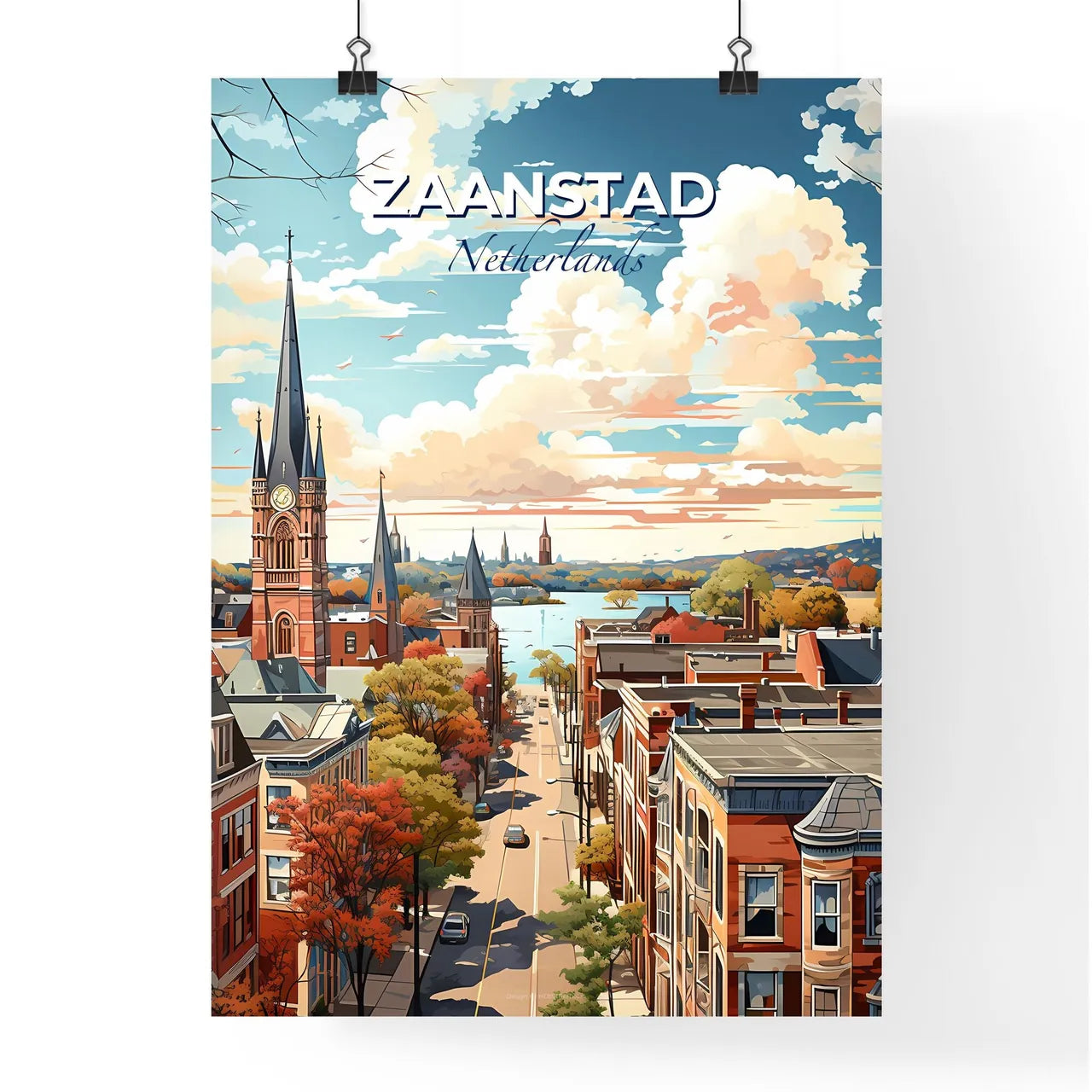 Zaanstad, Netherlands, A Poster of a city street with a church tower and a river Default Title