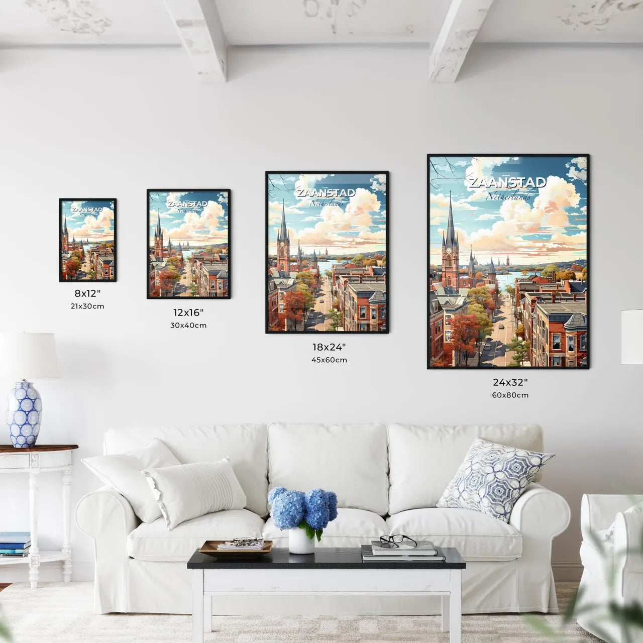 Zaanstad, Netherlands, A Poster of a city street with a church tower and a river Default Title