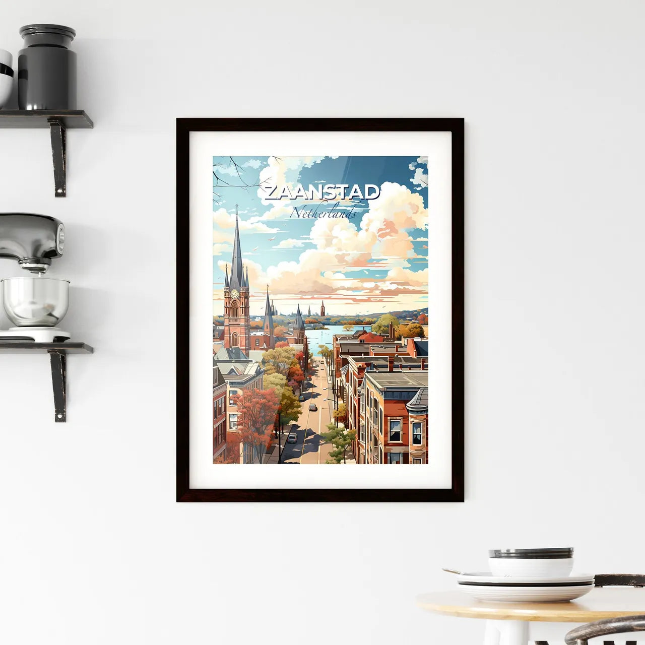 Zaanstad, Netherlands, A Poster of a city street with a church tower and a river Default Title