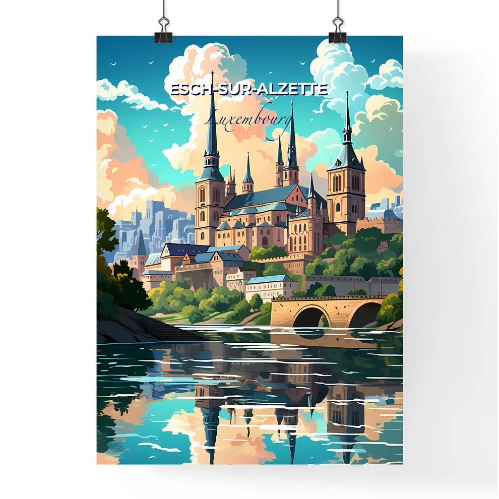 Esch-Sur-Alzette, Luxembourg, A Poster of a castle with towers and a bridge over a river Default Title