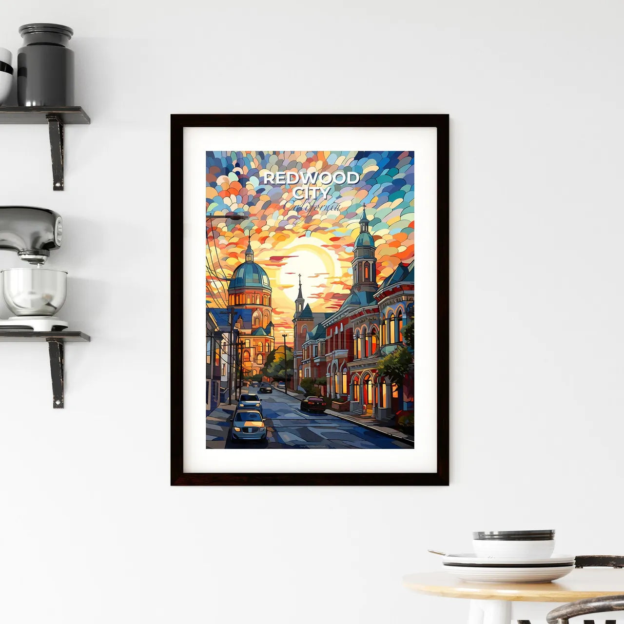 Redwood City, California, A Poster of a street with cars and buildings in the background Default Title