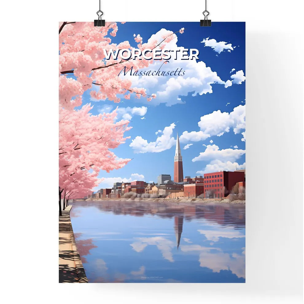 Worcester, Massachusetts, A Poster of a body of water with pink trees and buildings Default Title