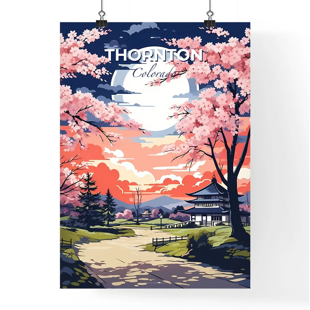 Thornton, Colorado, A Poster of a painting of a japanese garden with a pagoda and trees Default Title