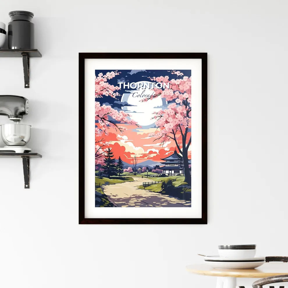 Thornton, Colorado, A Poster of a painting of a japanese garden with a pagoda and trees Default Title