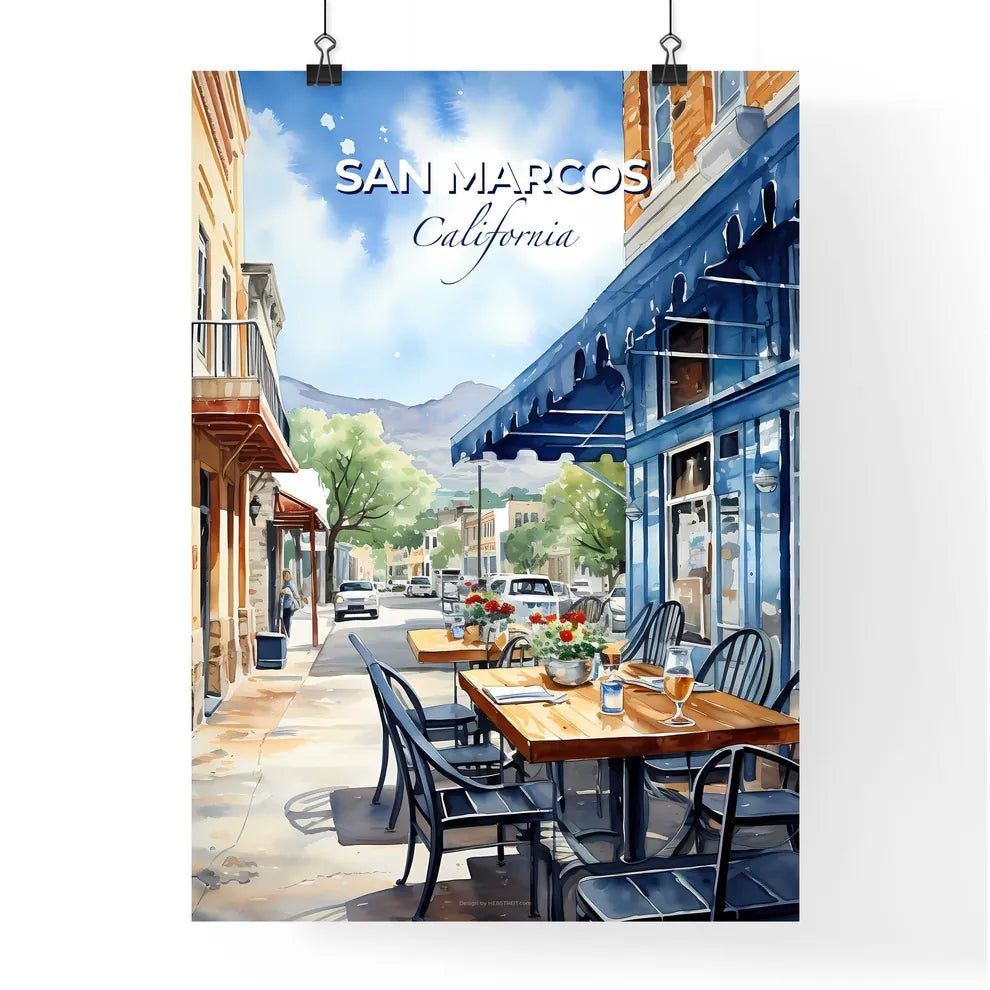 San Marcos, California, A Poster of a watercolor of a street with tables and chairs Default Title