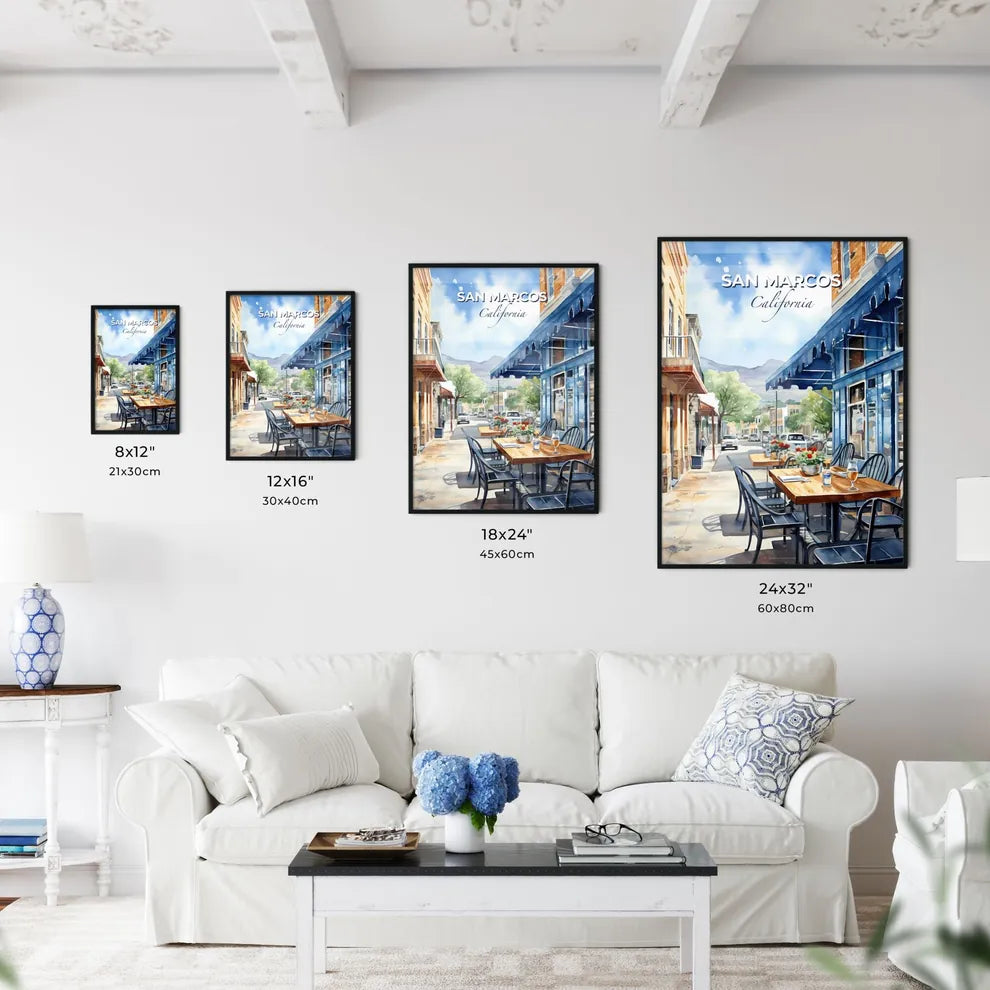 San Marcos, California, A Poster of a watercolor of a street with tables and chairs Default Title