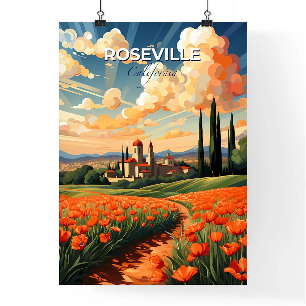 Roseville, California, A Poster of a field of flowers with a castle in the background Default Title