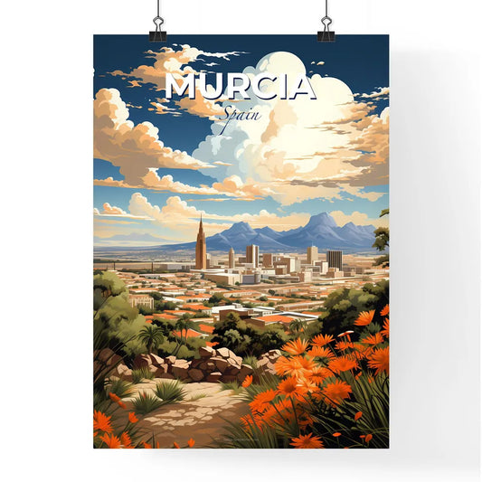 Murcia, Spain, A Poster of a landscape of a city with orange flowers and mountains Default Title