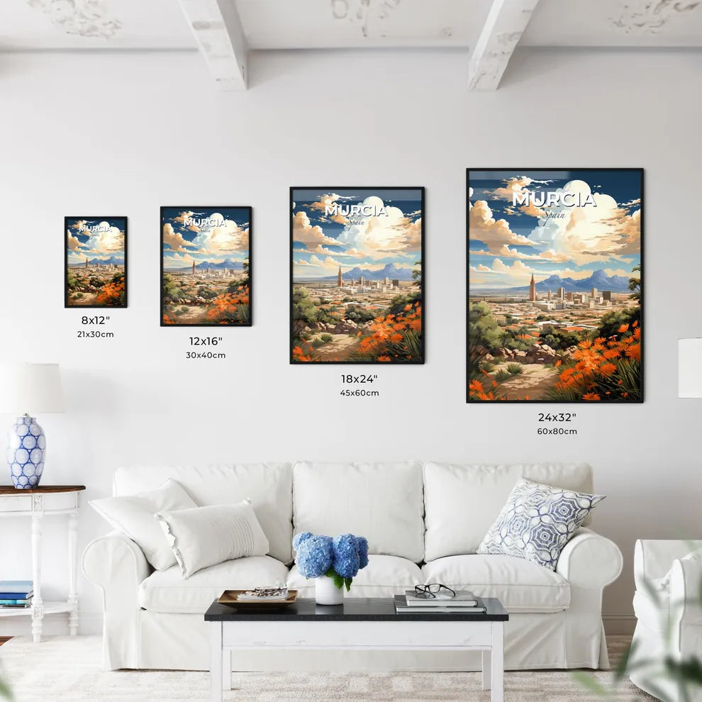 Murcia, Spain, A Poster of a landscape of a city with orange flowers and mountains Default Title