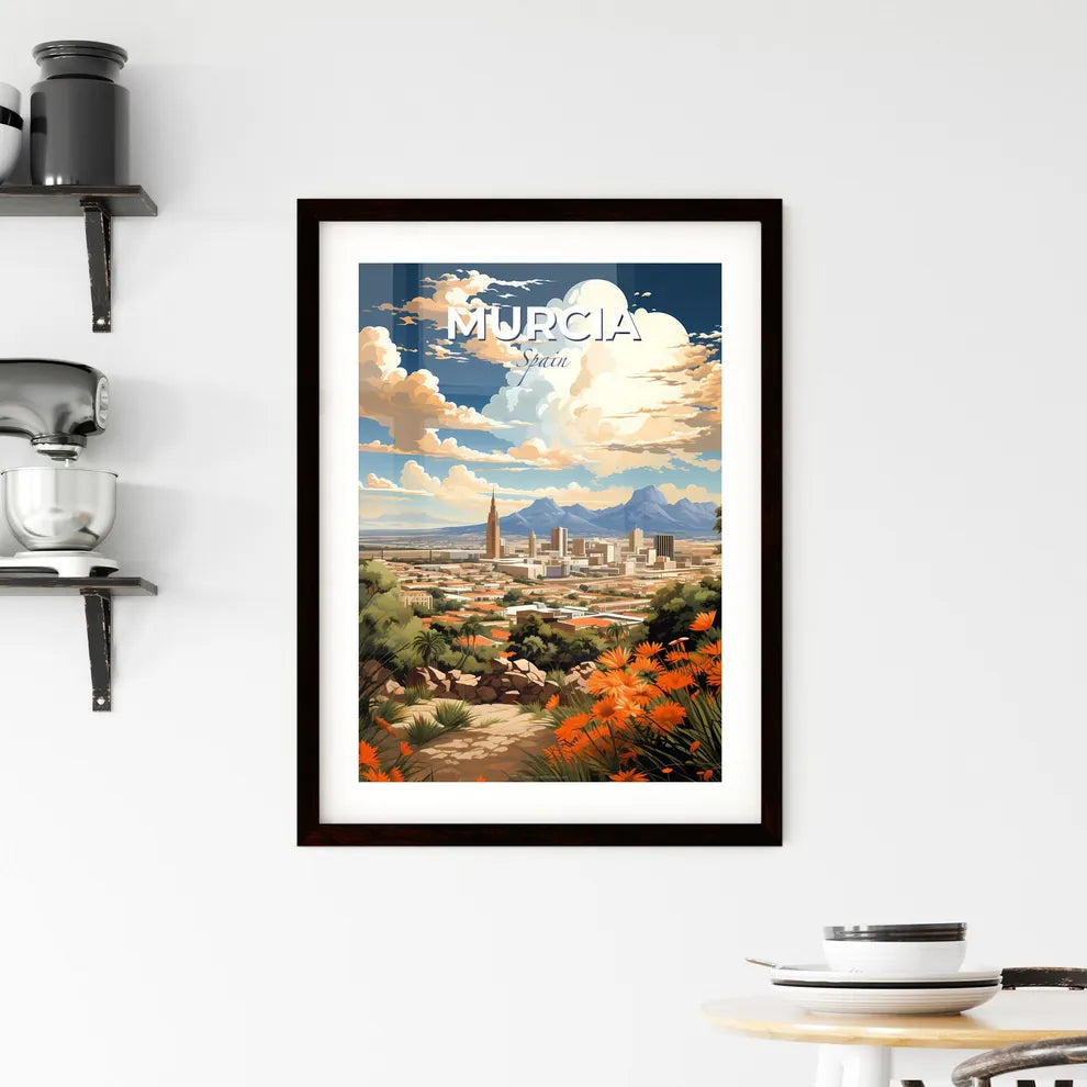 Murcia, Spain, A Poster of a landscape of a city with orange flowers and mountains Default Title