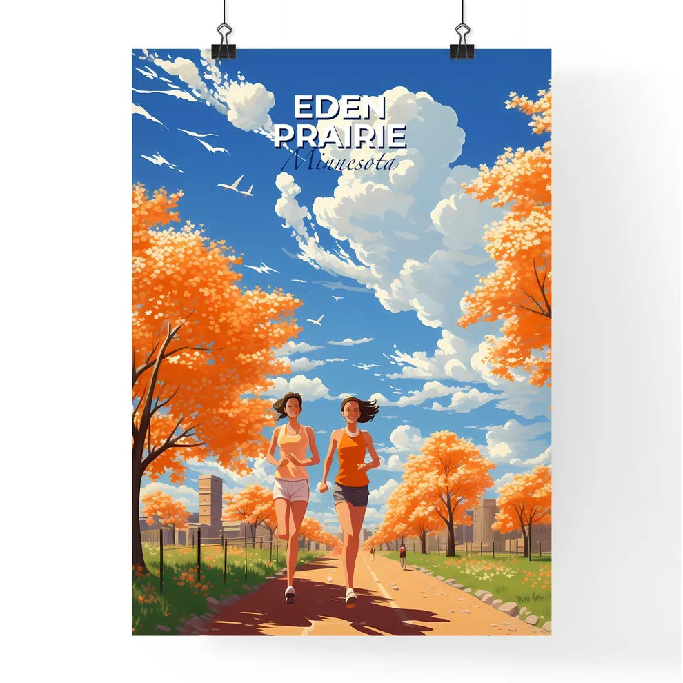 Eden Prairie, Minnesota, A Poster of two women running on a road with orange trees and buildings Default Title