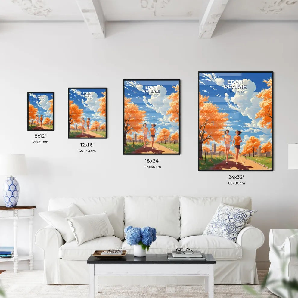 Eden Prairie, Minnesota, A Poster of two women running on a road with orange trees and buildings Default Title