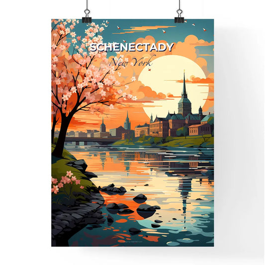 Schenectady, New York, A Poster of a painting of a city with a river and a tree Default Title