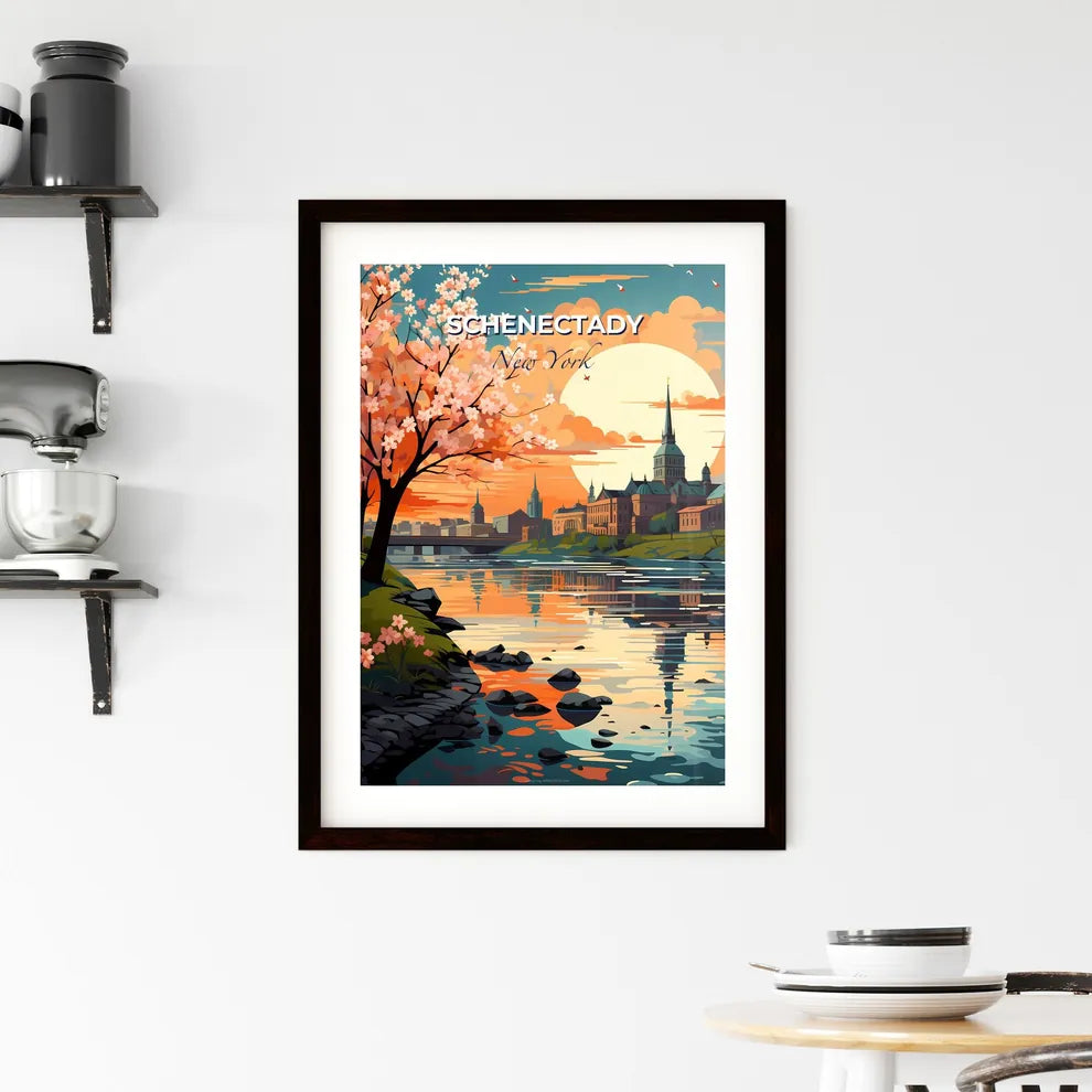 Schenectady, New York, A Poster of a painting of a city with a river and a tree Default Title