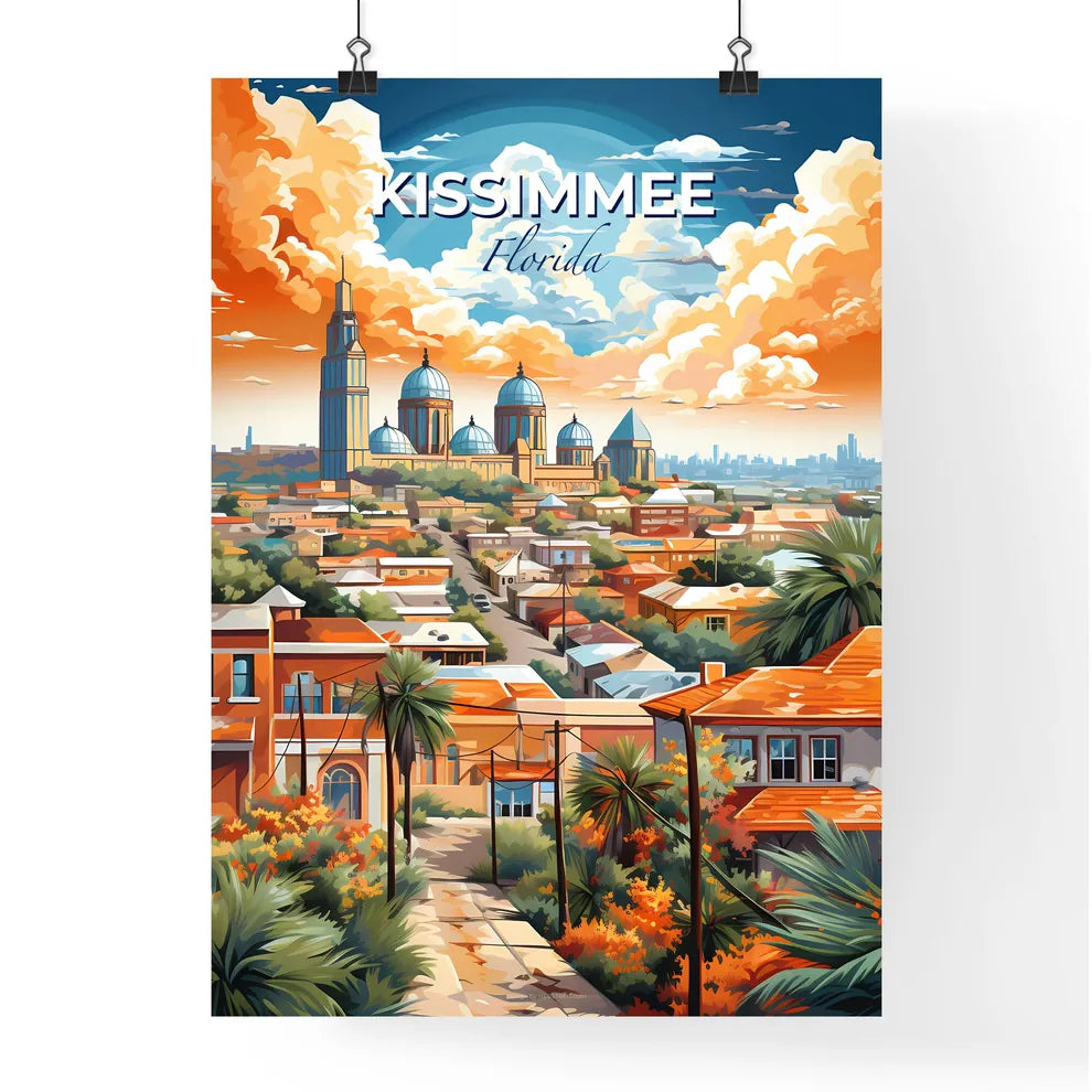 Kissimmee, Florida, A Poster of a city with a large building and a street with palm trees Default Title
