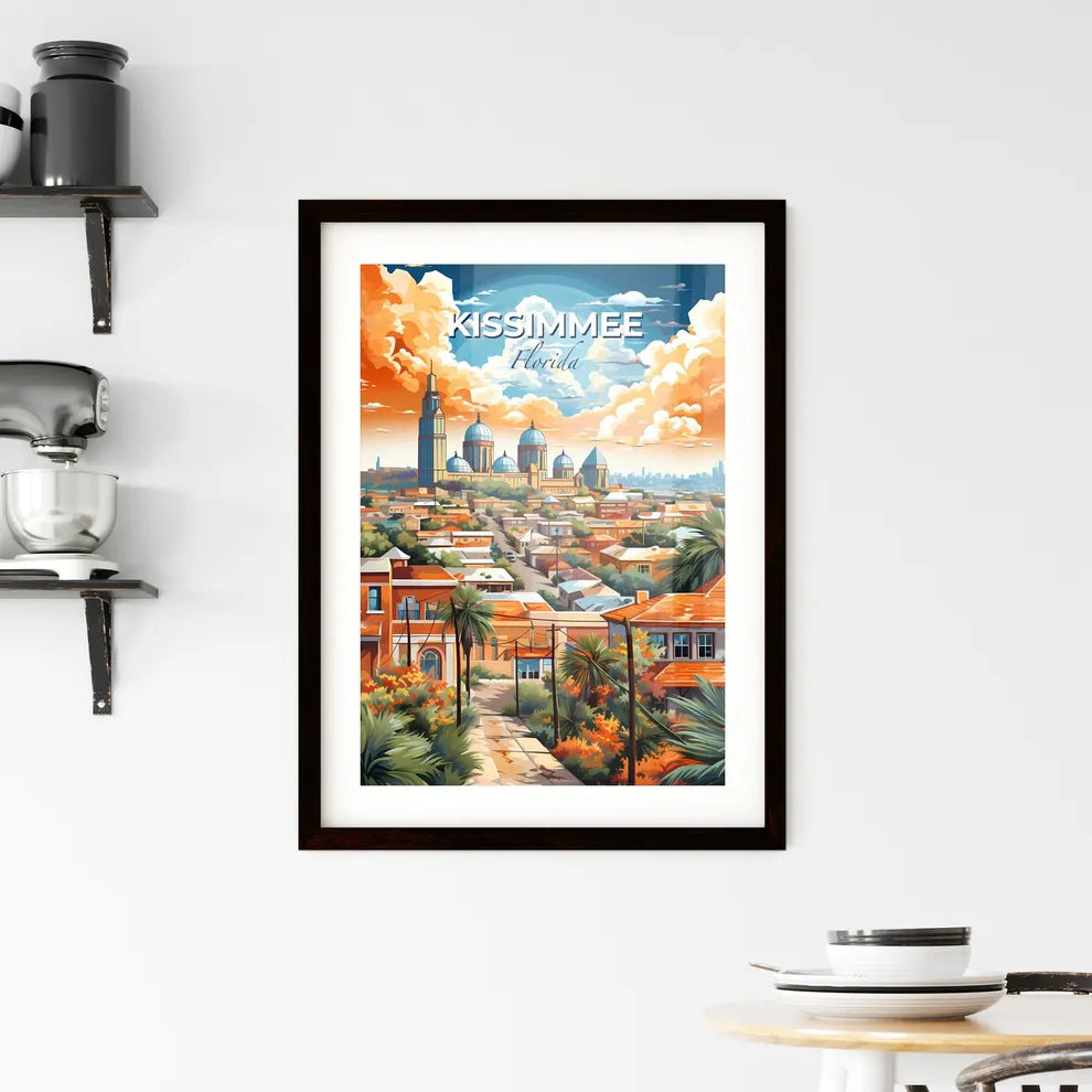Kissimmee, Florida, A Poster of a city with a large building and a street with palm trees Default Title