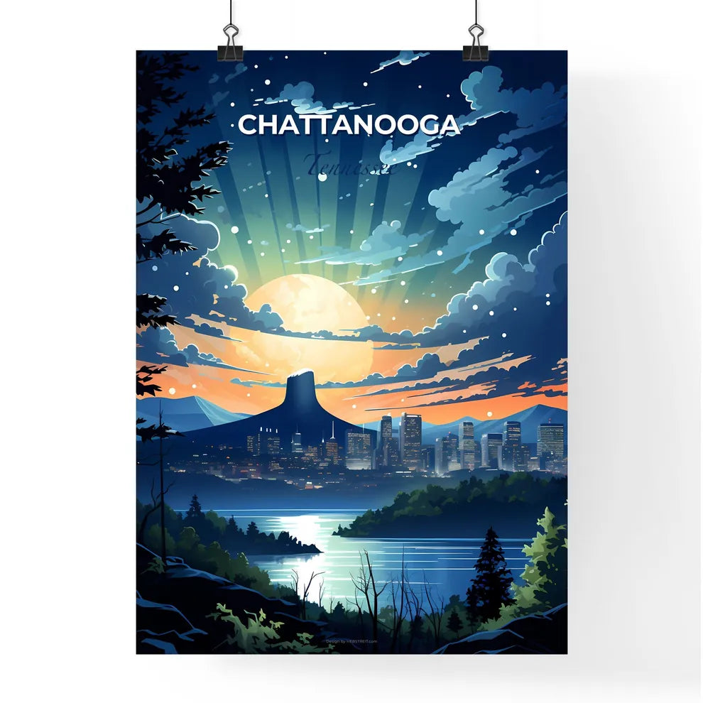 Chattanooga, Tennessee, A Poster of a cityscape with a river and trees Default Title