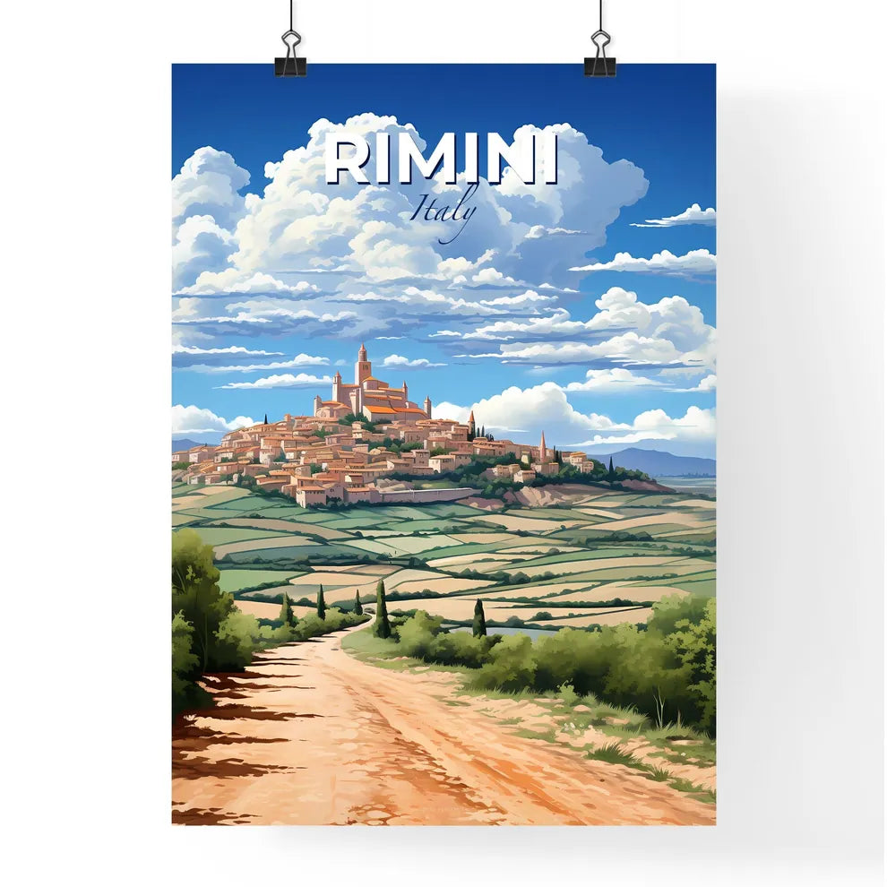 Rimini, Italy, A Poster of a dirt road leading to a town on a hill Default Title