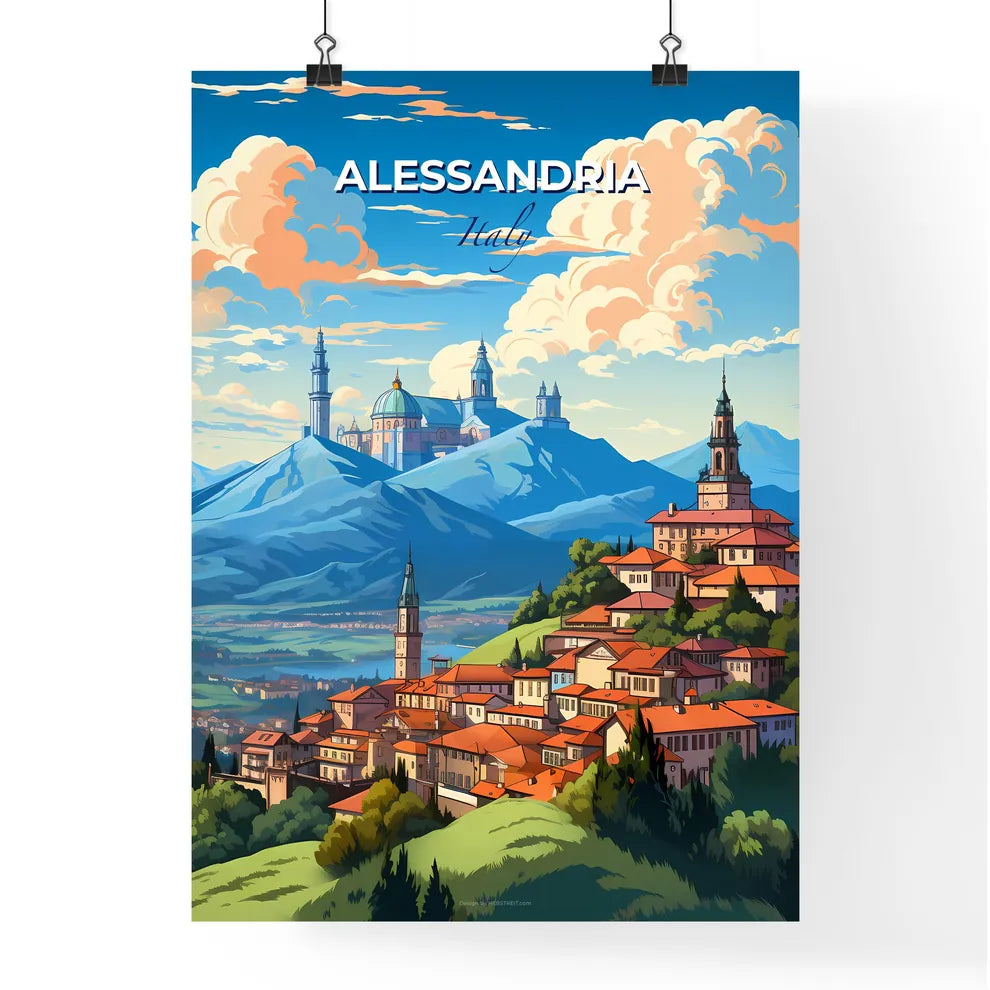 Alessandria, Italy, A Poster of a town on a hill with mountains and trees Default Title