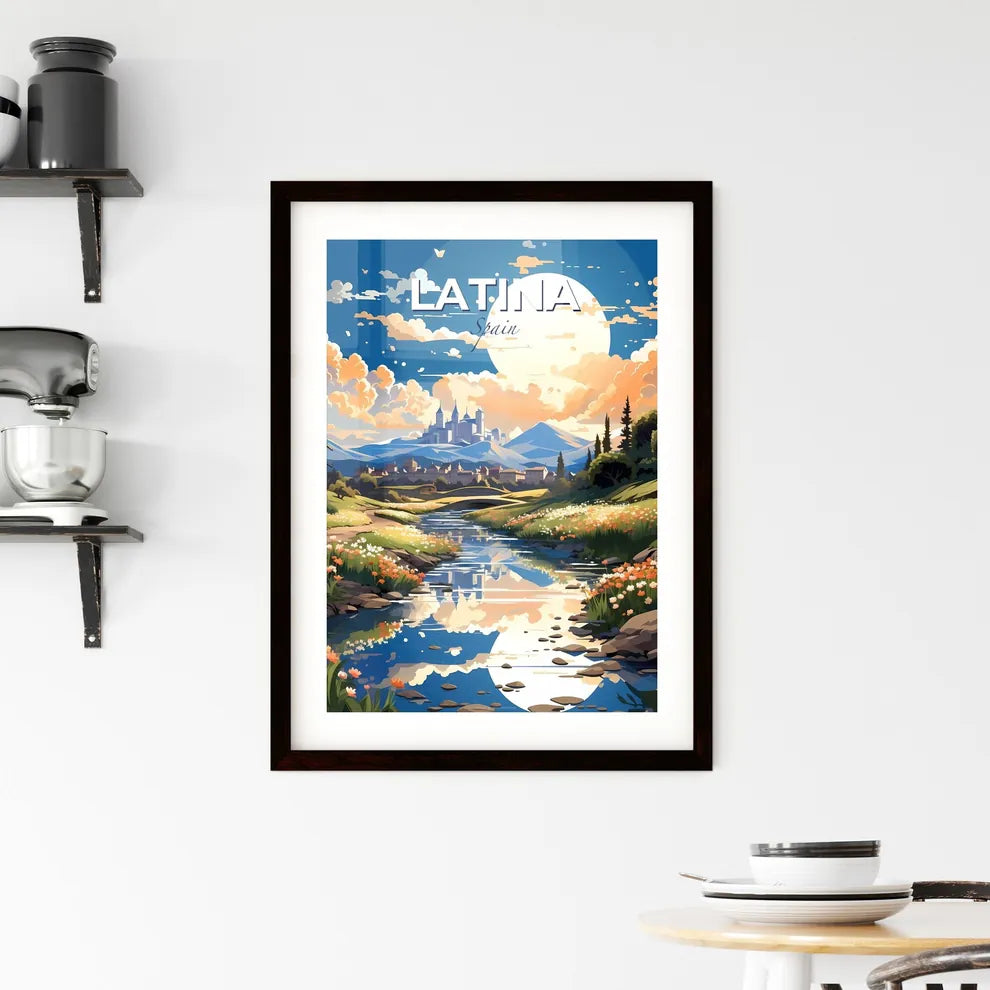 Latina, Spain, A Poster of a river running through a valley with flowers and a castle in the background Default Title