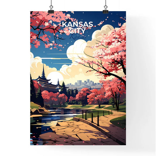 Kansas City, Kansas, A Poster of a river running through a park with pink trees and a building in the background Default Title
