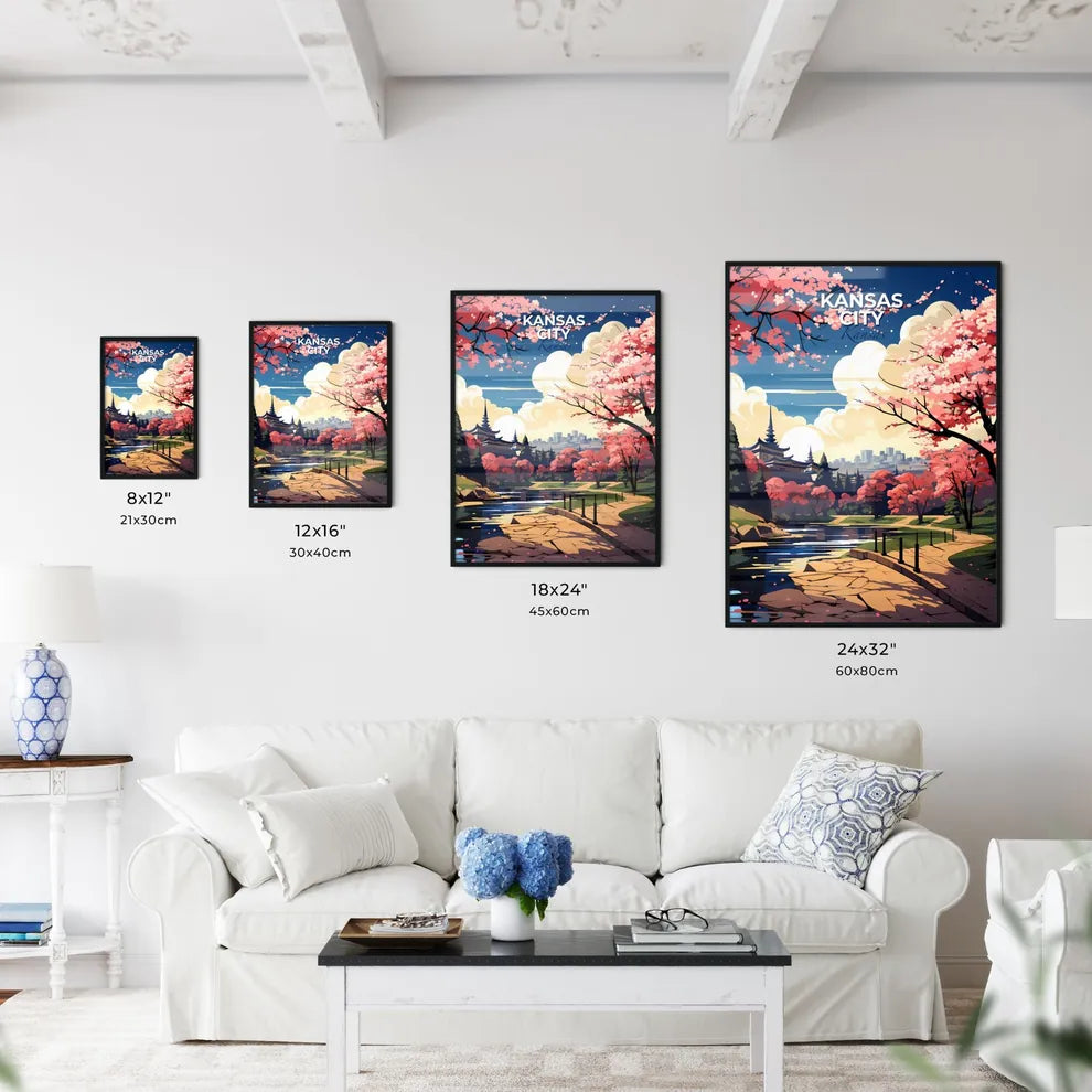 Kansas City, Kansas, A Poster of a river running through a park with pink trees and a building in the background Default Title