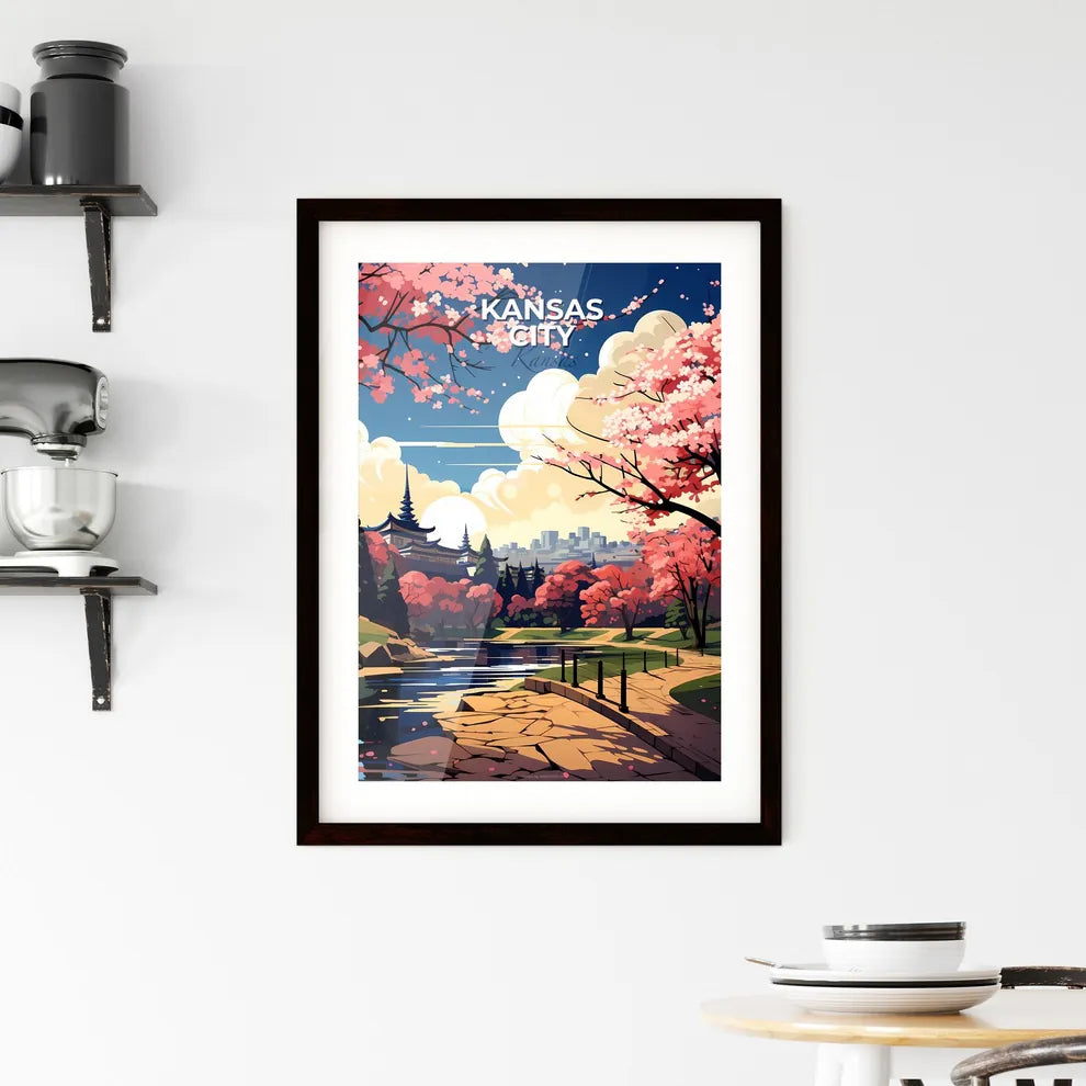 Kansas City, Kansas, A Poster of a river running through a park with pink trees and a building in the background Default Title