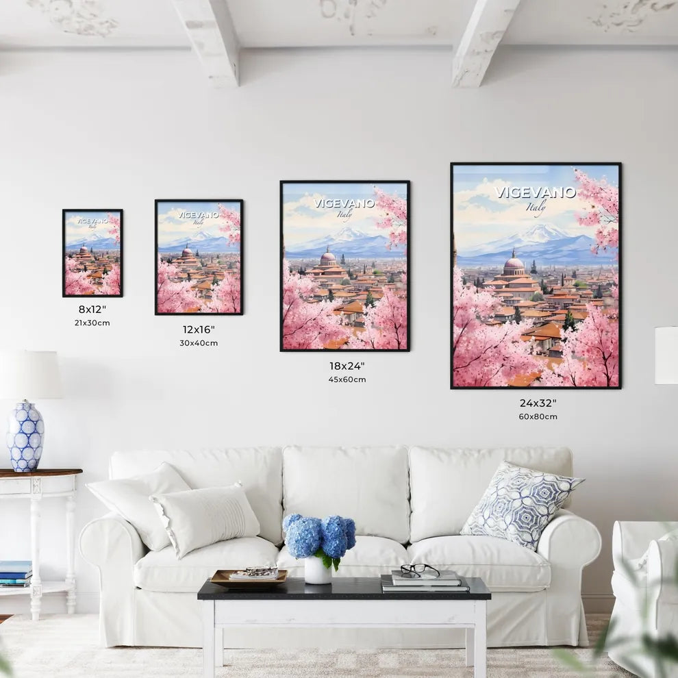 Vigevano, Italy, A Poster of a city with a mountain in the background Default Title