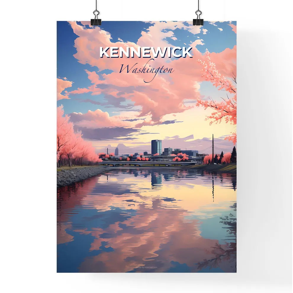 Kennewick, Washington, A Poster of a river with pink trees and a bridge Default Title