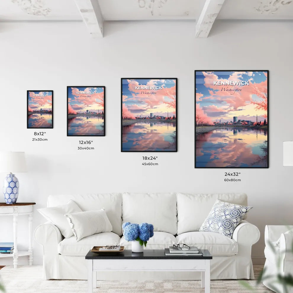 Kennewick, Washington, A Poster of a river with pink trees and a bridge Default Title