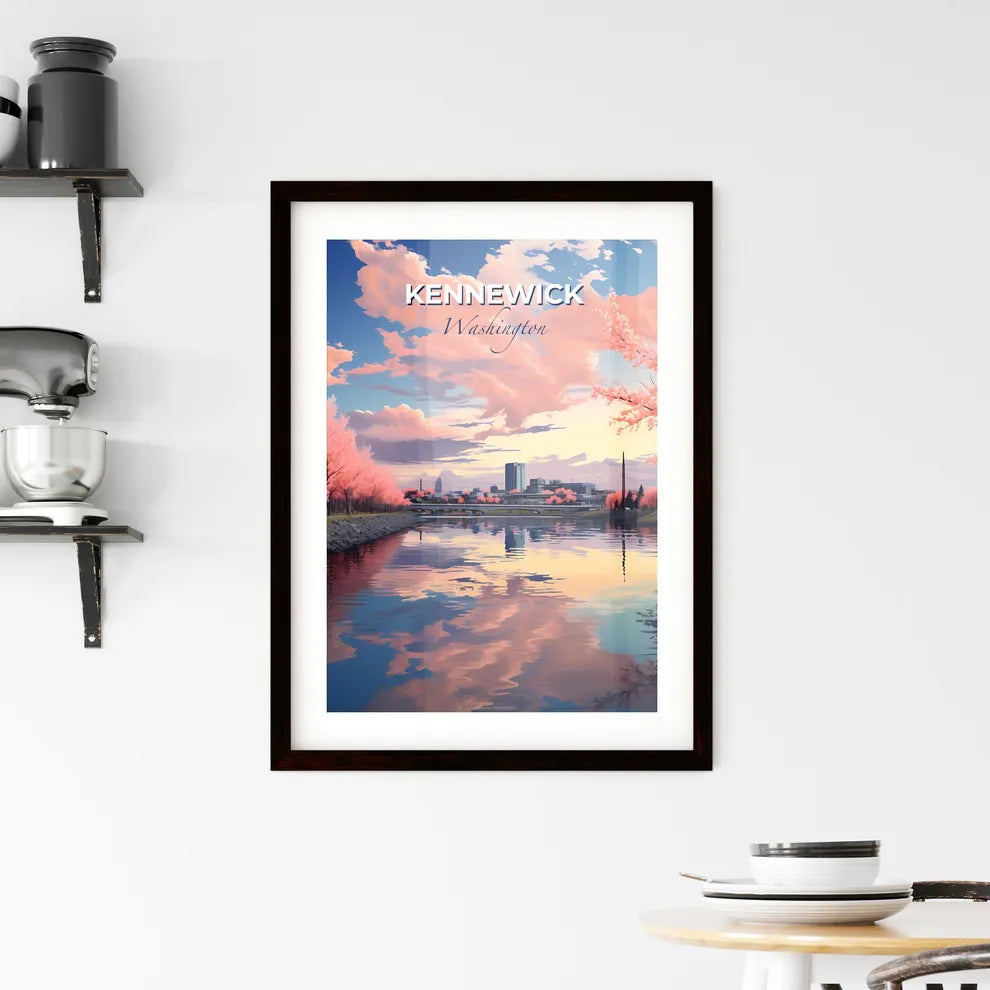 Kennewick, Washington, A Poster of a river with pink trees and a bridge Default Title