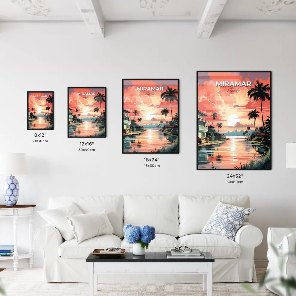 Miramar, Florida, A Poster of a sunset over a body of water with palm trees and a house Default Title