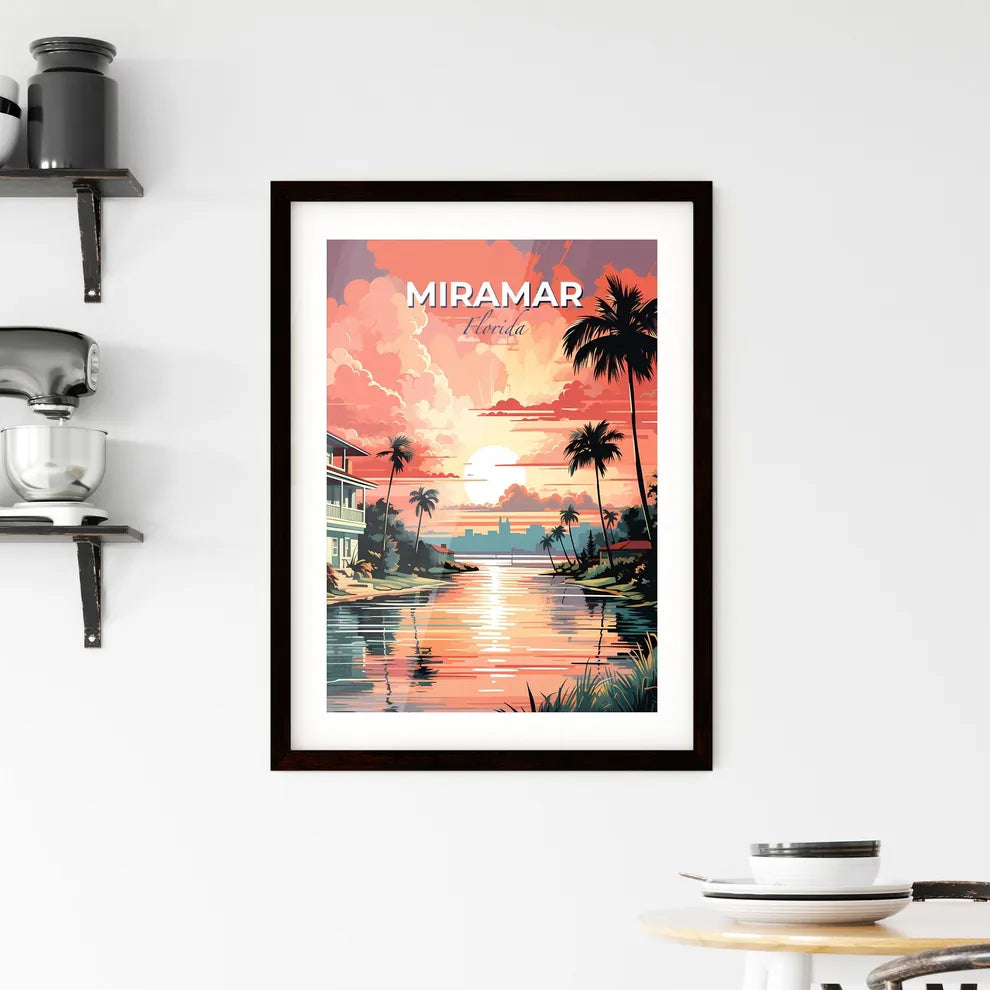 Miramar, Florida, A Poster of a sunset over a body of water with palm trees and a house Default Title