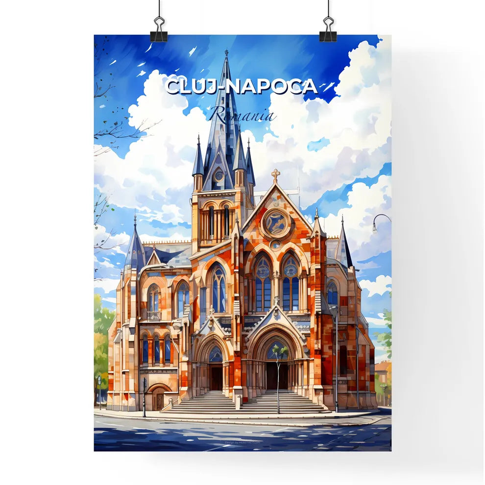 Cluj-Napoca, Romania, A Poster of a building with a steeple and a blue sky with clouds Default Title